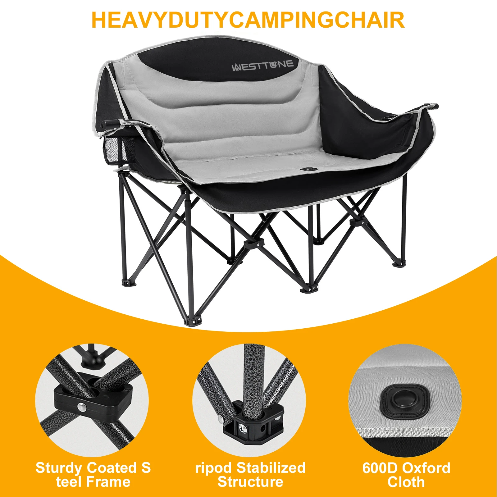 WESTTUNE Oversized Outdoor Couch Double Camping Chair Heavy Duty Outdoor Garden Folding Chair with Cup Holder Support 440 lbs 3