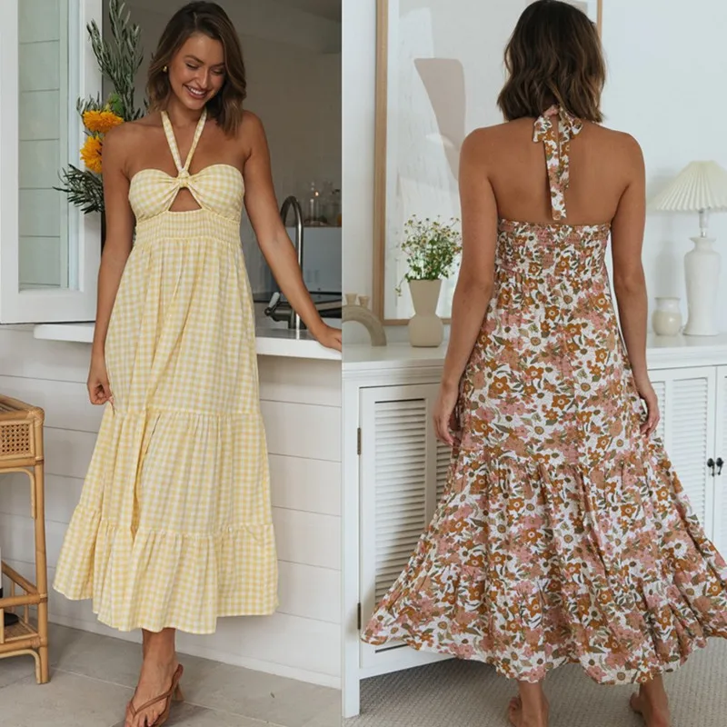 

Women's New Halter Backless Printed Swing Long Dress