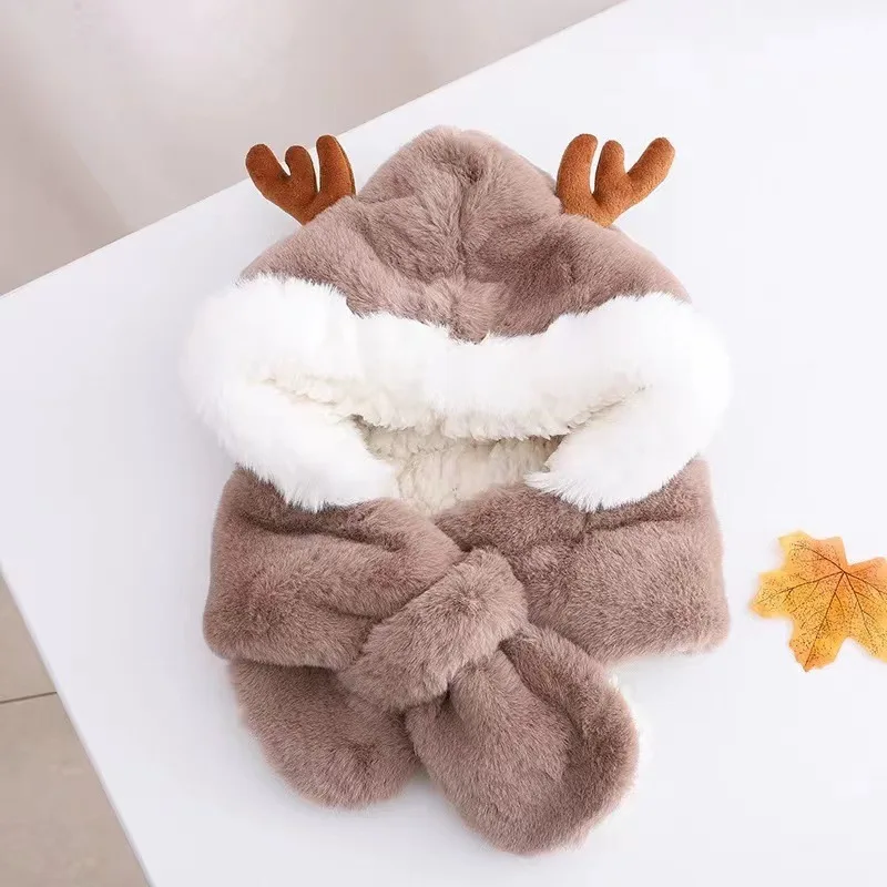 Autumn and Winter Children\'s Hat Cute Hat and Scarf All In One Hat Boys and Girls Deer Hats Plush Windproof Ear Protection Cap