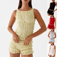 Women Summer O-neck Folds Tank Tops+Shorts Suit Sleeveless Slim Solid Tees Ruched Shorts Beach Style Fashion 2pcs Sets Outfits