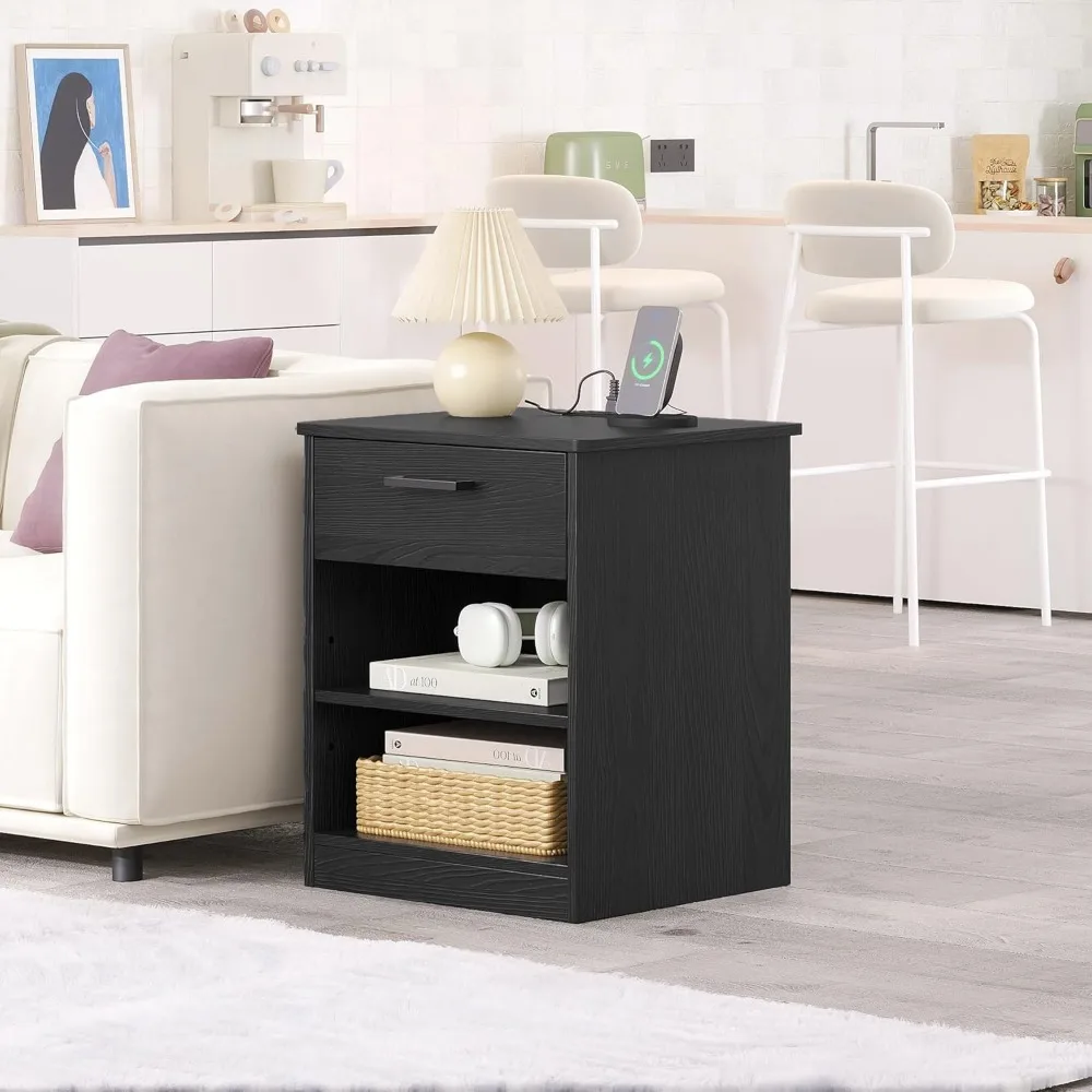 Everyday Side Table with Fast Charging Station - USB C Cable Fast Charging, Wooden Black Nightstand Bedside Table with Drawer 2
