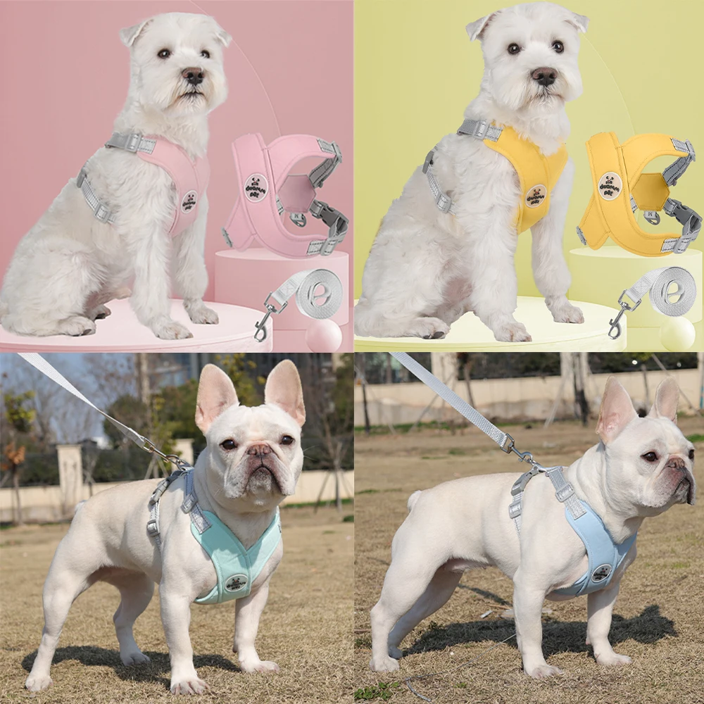 강아지 하네스 리드줄 세트 통기성 애완견 가슴 스트랩 반사 기능 프렌치 불독 조끼 하네스 소형 중형견 강아지 목줄 요크셔 테리어용