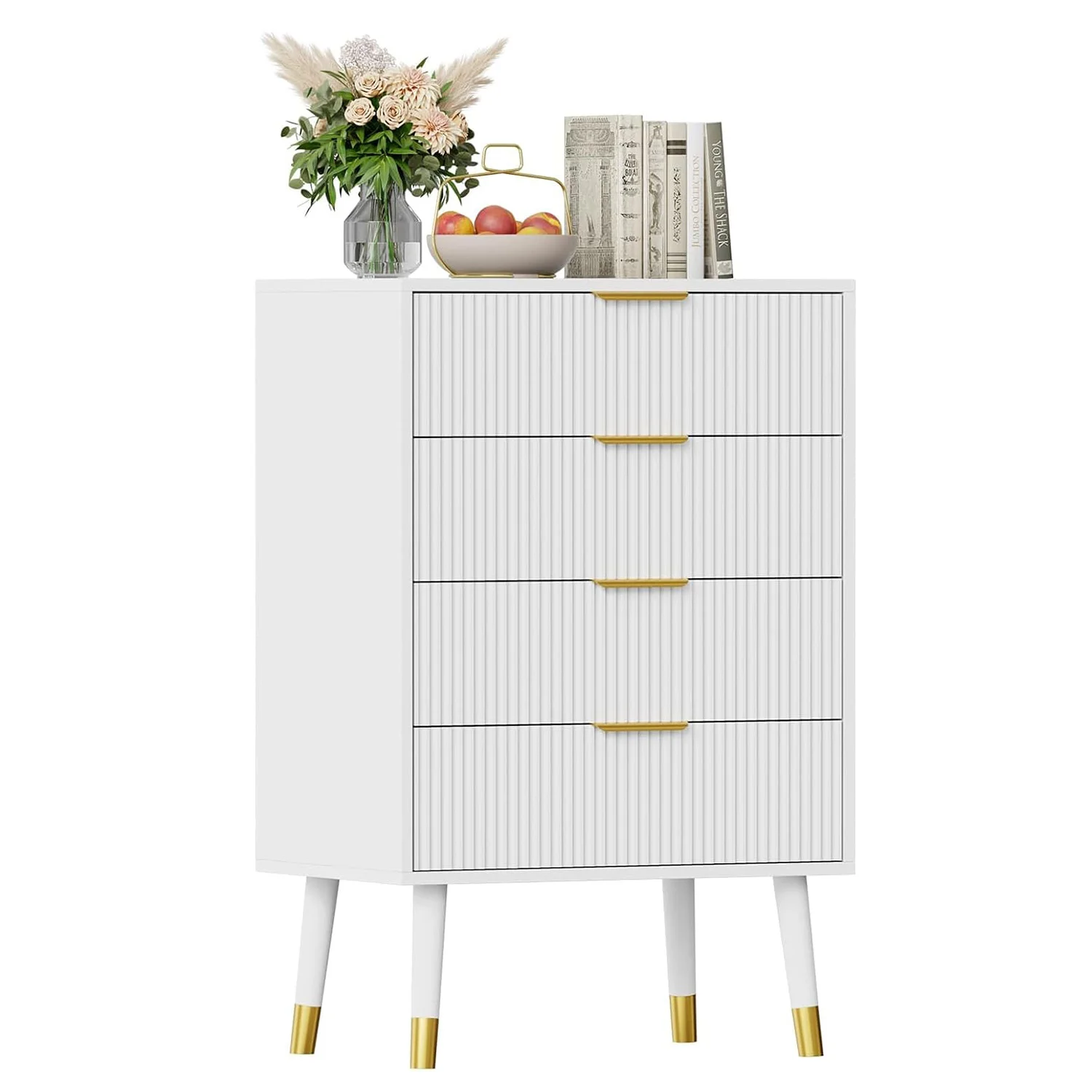 Kommode mit 4 Schubladen für Schlafzimmer, Kommode mit goldenen Griffen, hohe Kommode, kleiner Aufbewahrungsschrank aus Holz für Wohnzimmer – Detail 4