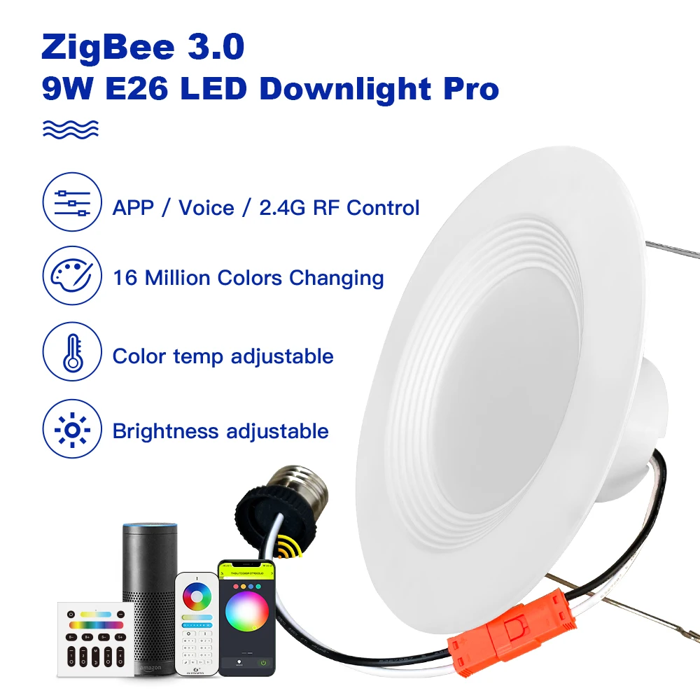 

G LED OPTO 9 Вт ZigBee3.0 светодиодный светильник E26 6 дюймов лампа с низкой цветовой температурой RGB для внутреннего освещения s Tuya Homey Alexa App 2,4G RF