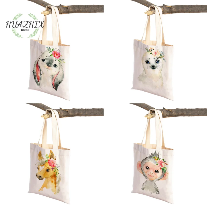 

Flower Cartoon Animal Shoulder Bags Zebra Giraffe Hippo Lion Penguin Casual Shopping Totes Handbags Foldable Reusable Canvas