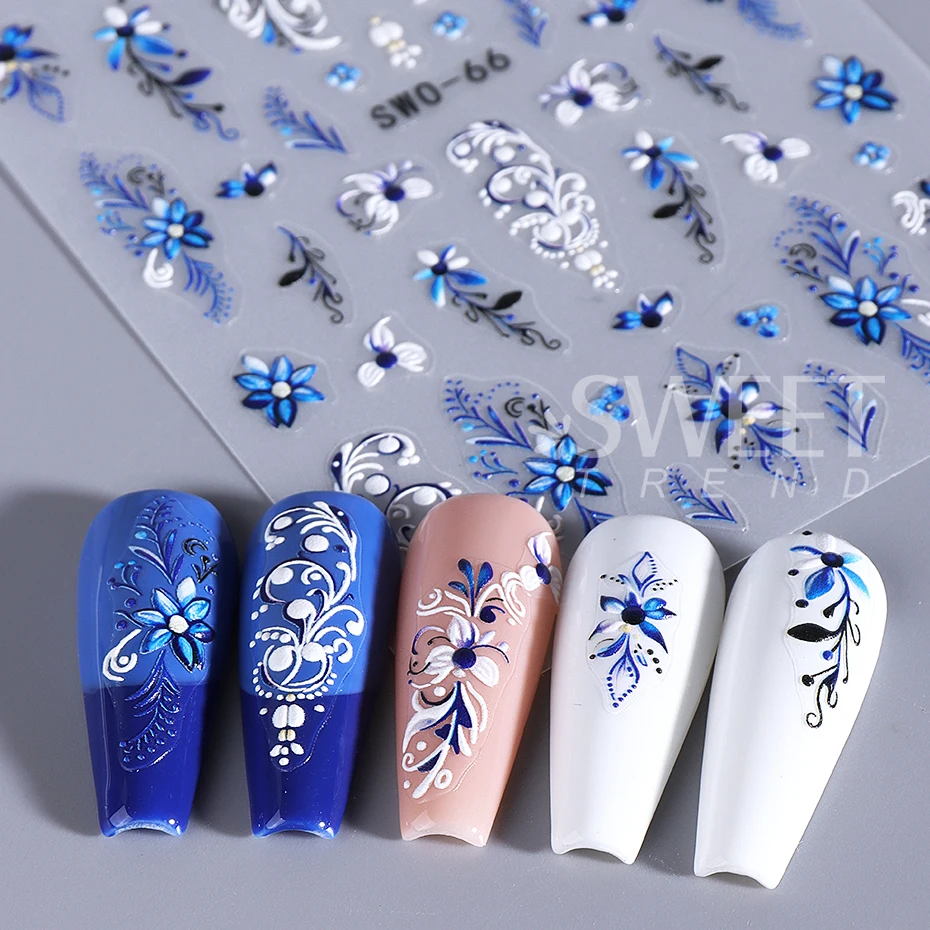 2pcs Nail Art Stickers White Blue Totem Petals Pattern Self-adhesive Nail Decals Bohemian Style DIY Manicure Decoration Sliders