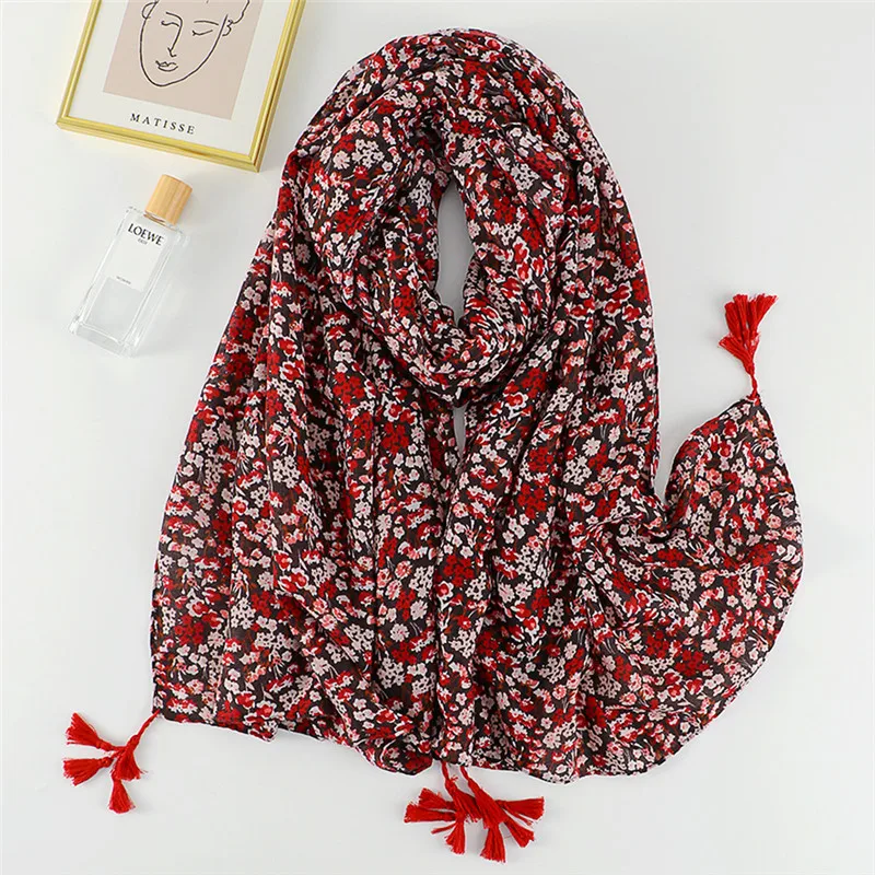 2022 Autumn Fashion Aztec Polka Floral Tassel Viscose Shawl Scarf Lady Print Soft Wrap Thin Headband Bufandas Muslim Hijab Sjaal