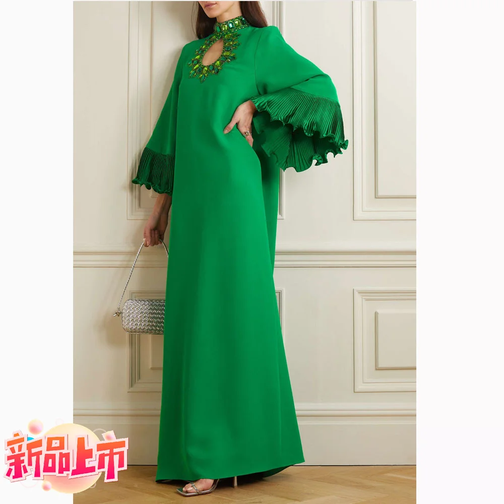 

Pandora Elegant Formal Evening gown with A-line high neck Crystal ankle-length satin full sleeve women's summer ball party dress