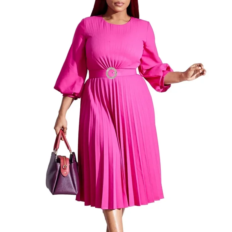 

Women Solid Color A-Line Dress Patchwork Design Zipper Belt Decor O-Neck Three Quarter Sleeve High Waist Slim Pleated Dress