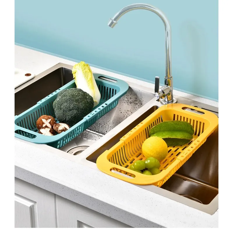 

Kitchen Organizer Adjustable Support for Sponge and Soap Vegetable Drainage Basket Telescopic Drain Sink Rack Kitchen Utensils