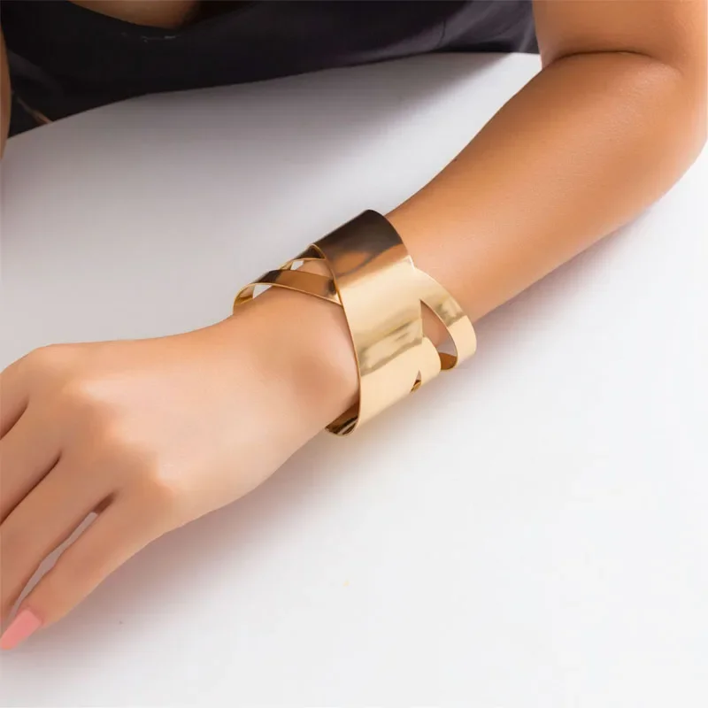 SOHOT Wide Edge Punk Wide Exaggerated Metal Adjustable Opening Bangles for Women Fashion Jewelry Minimalist Accessories