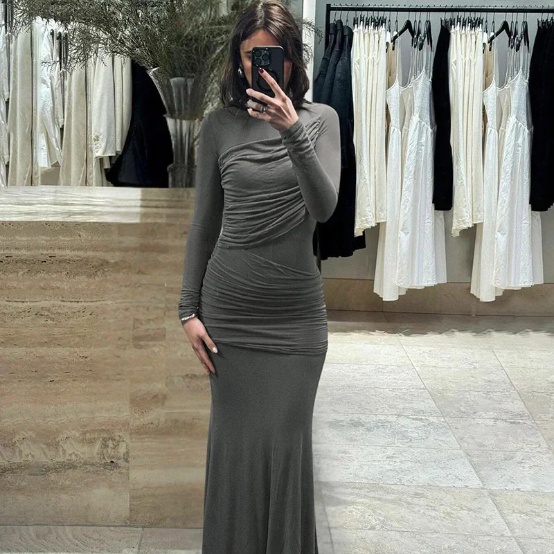 Round Neck Ruched Maxi Dress For Women Long Sleeve High Waist Slim Fall Party Clubwear
