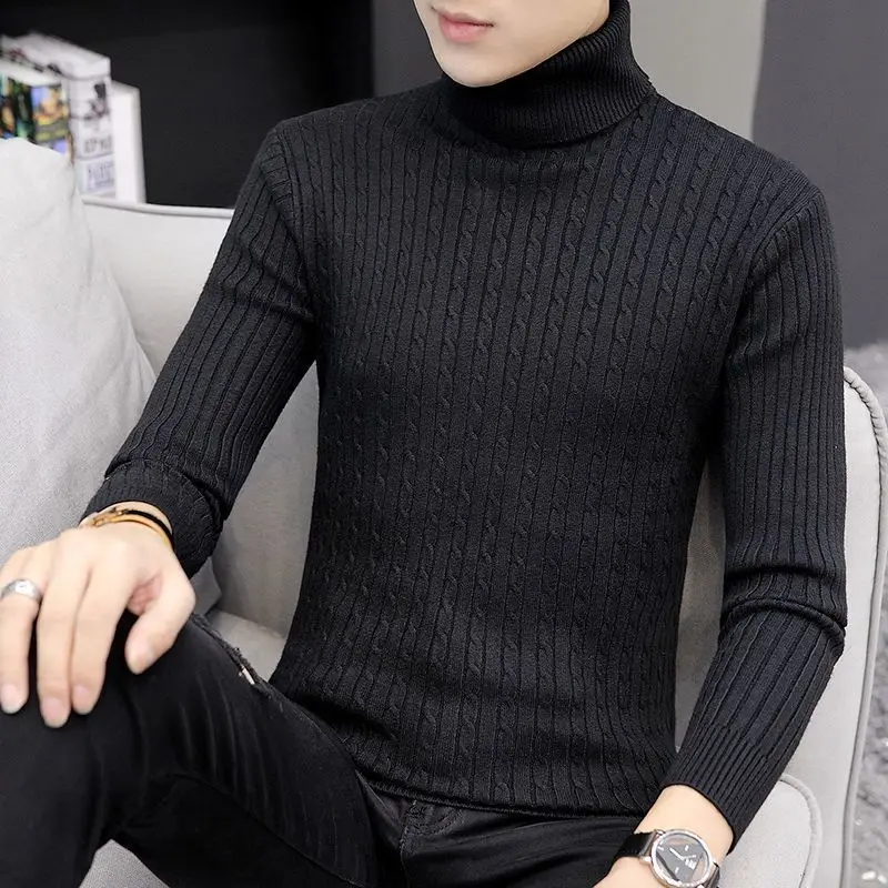 Various Colors Thick Casual Versatile Turtleneck Male Pullovers Fried Dough Twist Stripe Knitting Sweaters High Elasticity Slim