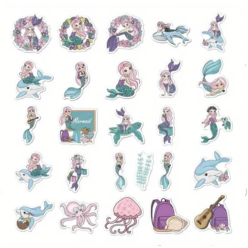 50PCS Decorative Stickers Computer Phone Tablet Computer Guitar Waterproof Mermaids Stickers Cartoon Stickers Kid Gift Toys