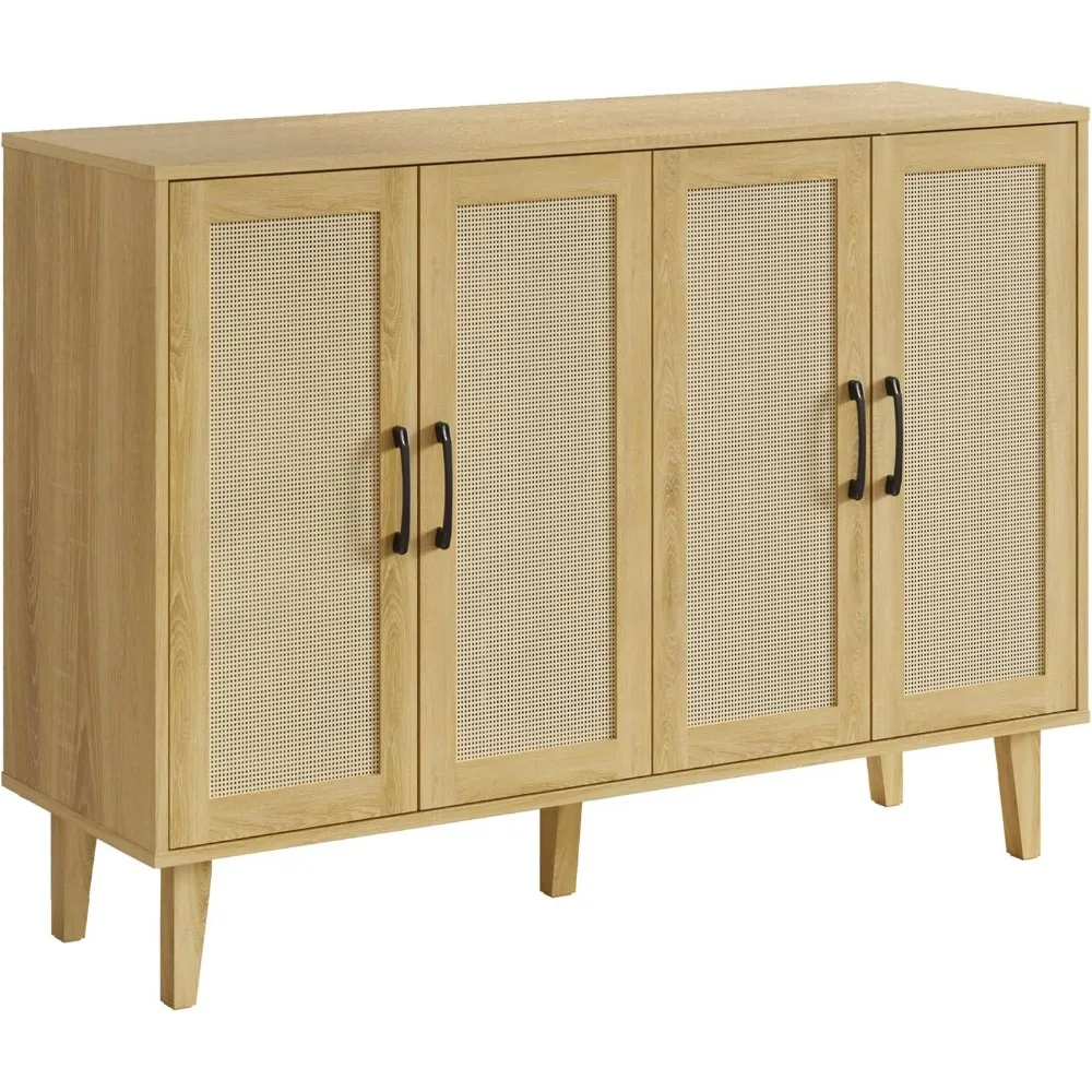 

Storage Cabinet with Rattan Trim - 4 Door Sideboard Buffet Cabinet with Storage, Accent Cabinet with Shelves for Bathroom,