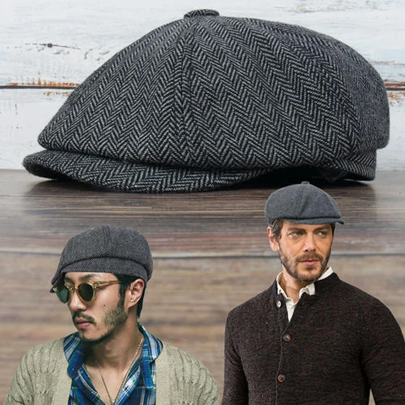 Beret Hat Men Retro Octagonal British Painters Autumn Winter Herringbone Flat Hip Hop