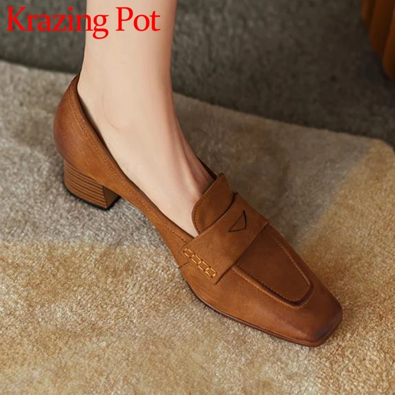 

Krazing Pot Sheep Leather Square Toe All-match Med Heels Retro Fashion England Style Non-slip Design Slip on Mature Women Pumps