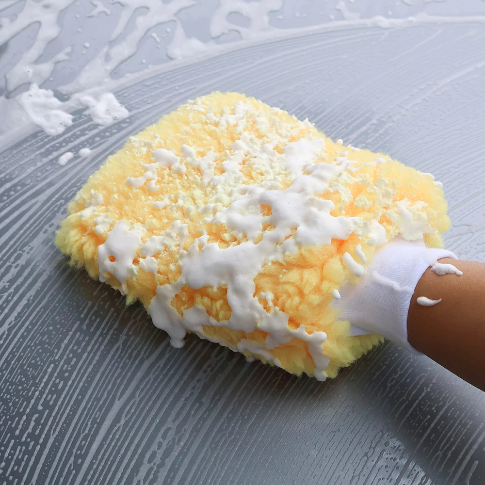 AUTOBRIGHT Dual-Sided Yellow Faux Wool Car Cleaning Glove Scratch-Free Soft Durable Interior Exterior Car Accessories Tools car cleaning gloves