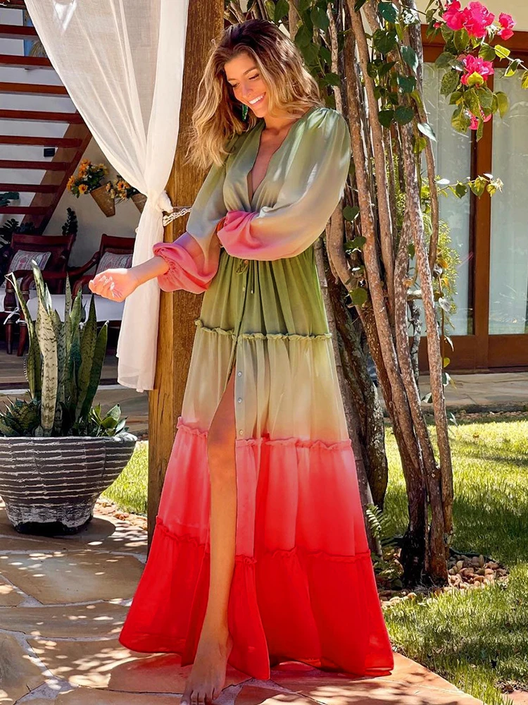 Bikini Beach Cover up Leaves Print Tunics Kaftan Robe de Plage Sarong Swimsuit