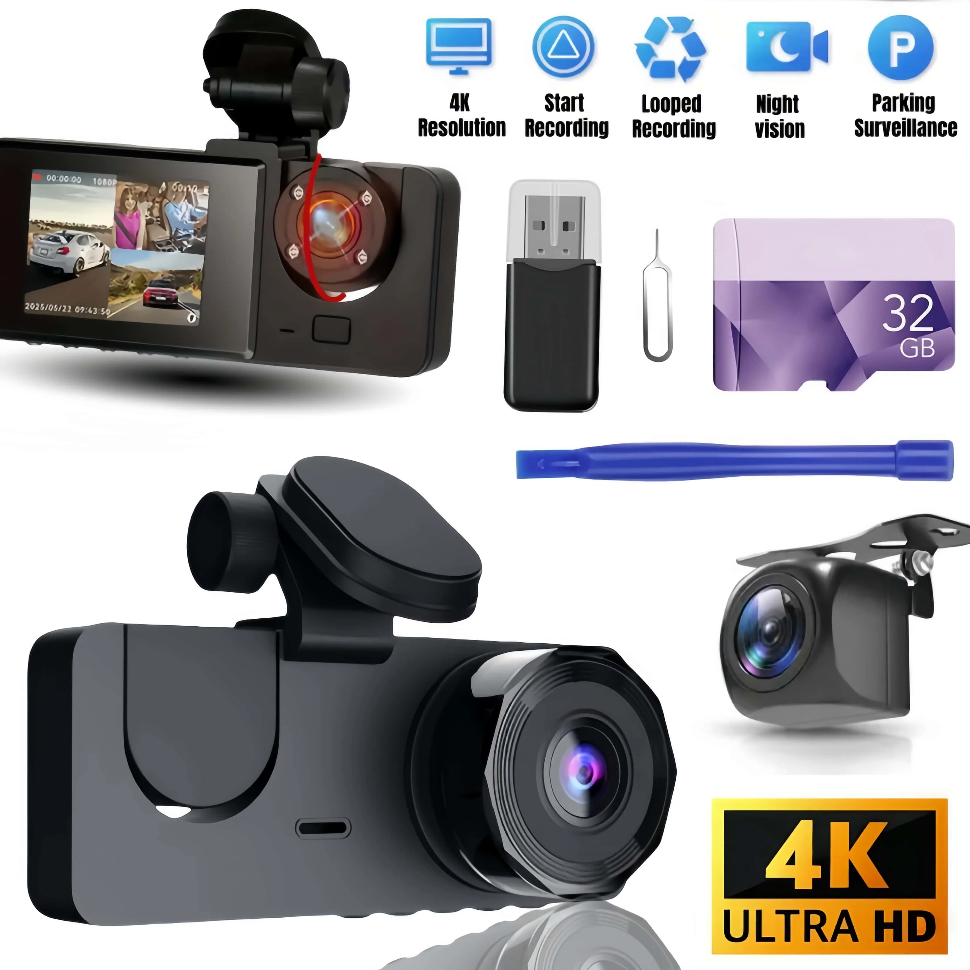 Ultimate Holiday Gift! 4K Triple Camera Dash Cam w/ 2" Screen, IR Night Vision & 32GB Card. 24/7 Parking Mode. Front/Rear/Cabin