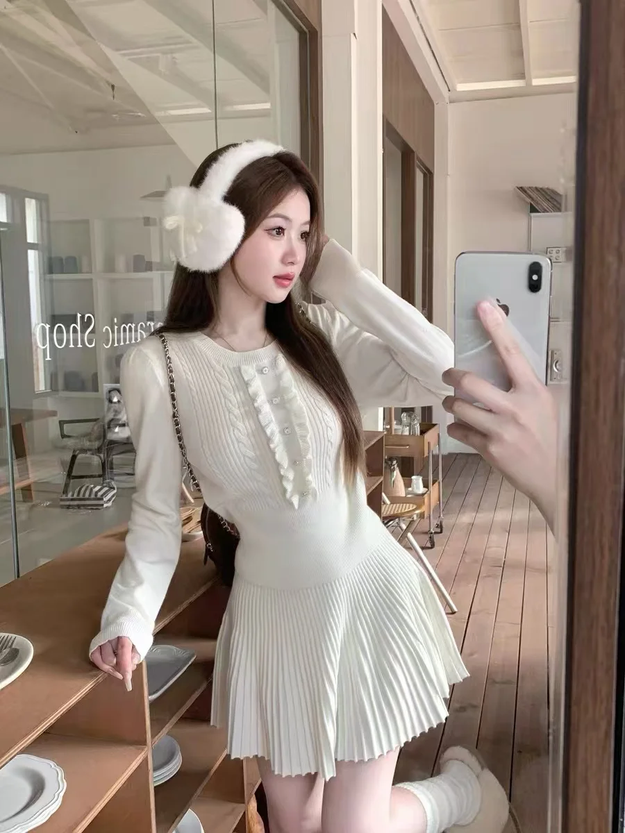 Autumn Preppy Style Knitted 2-piece Sets Women O-neck Long Sleeve Top Pleated Mini Skirt Korean Fashion Casual Outfits New Suit