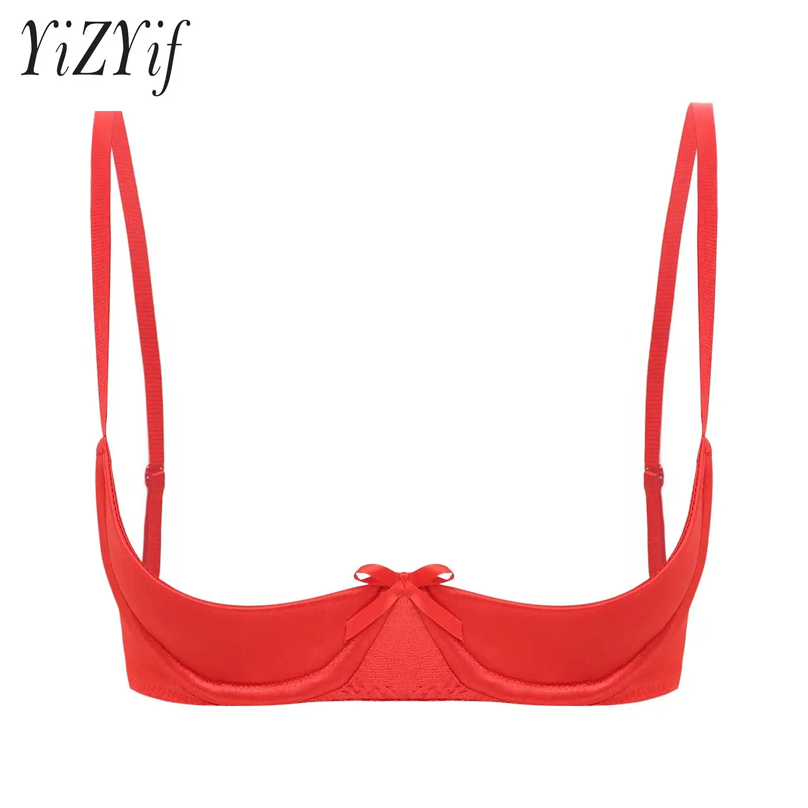 

Womens Sexy Satin Lingerie Adjustable Spaghetti Straps Underwire Half Cup Bow Push Up Balconette Bra Underwear