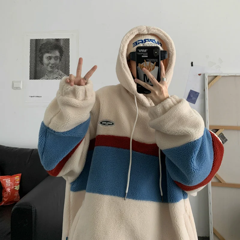 

Japan Korea Style Fashion Fleece Hoodies Men Patchwork Stripe Hooded Sweatshirts Women Loose Coats Student Casual Pullover Y2K