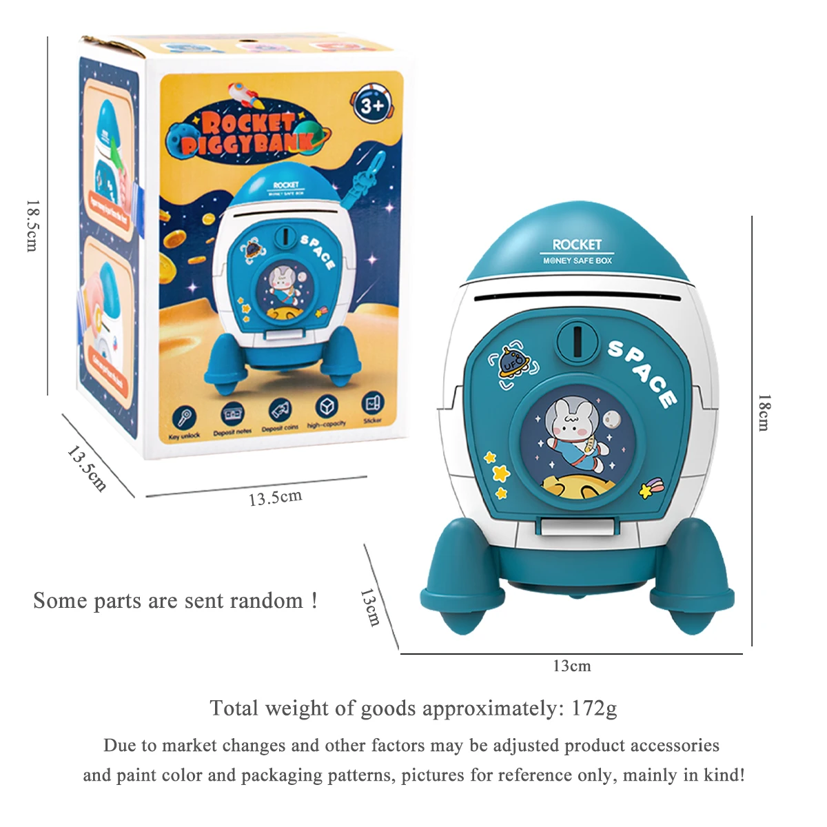 Rocket Piggy Bank Toy Key Unlocking Spacecraft Large Capacity Money Saving Box Gifts for 3+ Boys and Girls