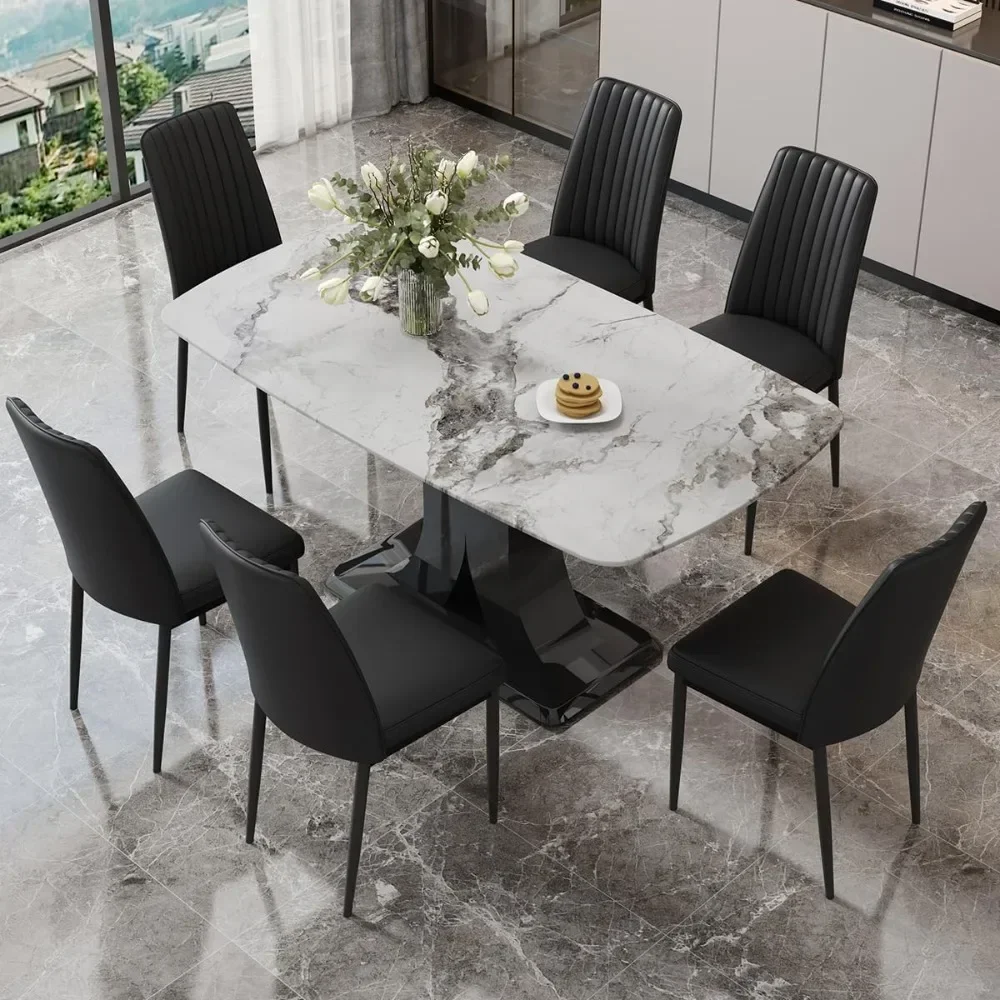 Dining Table,Kitchen Dining Table and Chairs,White Marble Pattern Dining Table with 6 Dinings Chairs, 6 Piece Dinings Tables Set 2