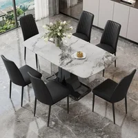 Dining Table,Kitchen Dining Table and Chairs,White Marble Pattern Dining Table with 6 Dinings Chairs, 6 Piece Dinings Tables Set 2