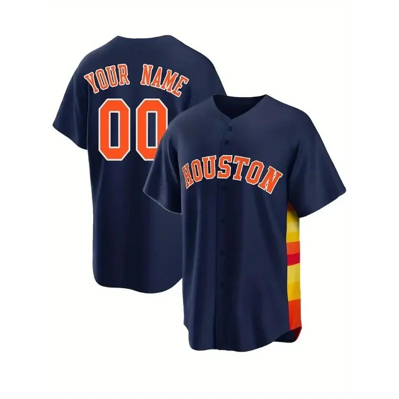 Customized Name And Number Men's Embroidery Baseball Jersey Houston Blue V-Neck Personalized Short Sleeve Button Down Shirts 3