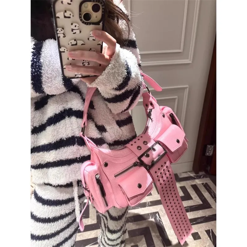 Design Punk Style Cropped Studded Underarm Bag Trendy 2025 New Single Shoulder Slant Crossbody Handbag Motorcycle Bag