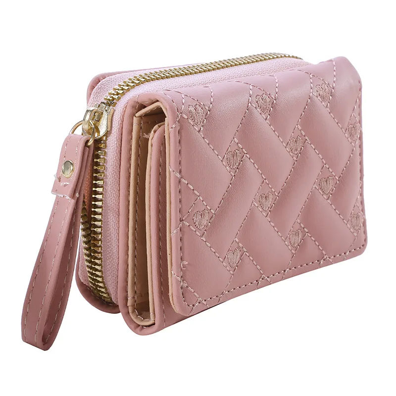 Women Wallet For PU Leather Fashion Embroidered Love Tri-fold Small Wallet Card Holder Multi-card Slot Coin Purses Interior Pink 1