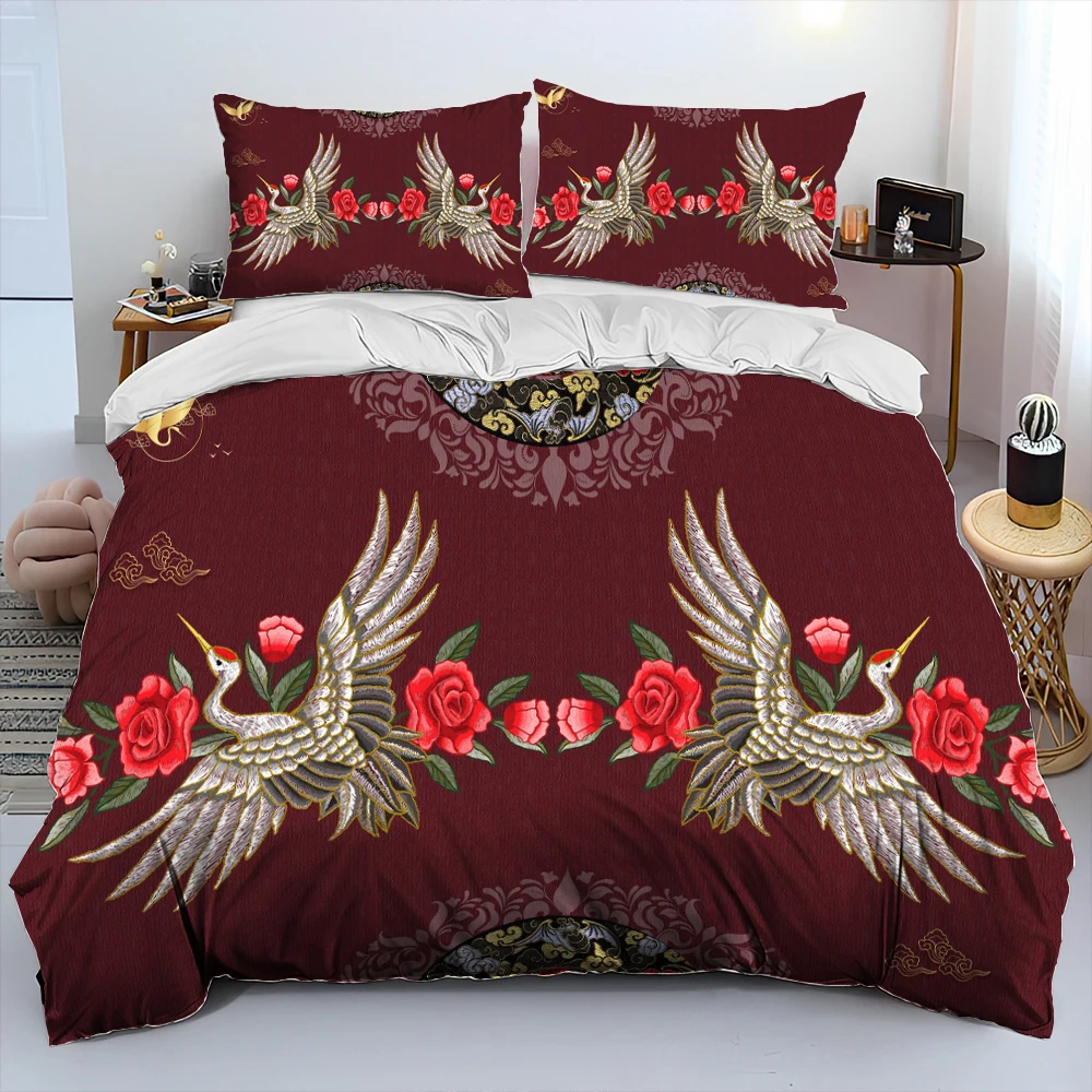 

Chinese Style Red Crowned Crane Birds Comforter Bedding Set,Duvet Cover Bed Set Quilt Cover Pillowcase,Queen Bedding Set Adult