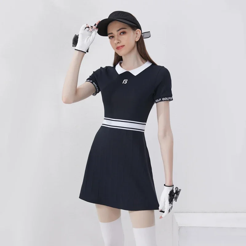 Spring and Summer Golf Tennis Dress for Women Korean Slim Waist Badminton Short Sleeved Polo Shirt Dresses Female Golf Skirt