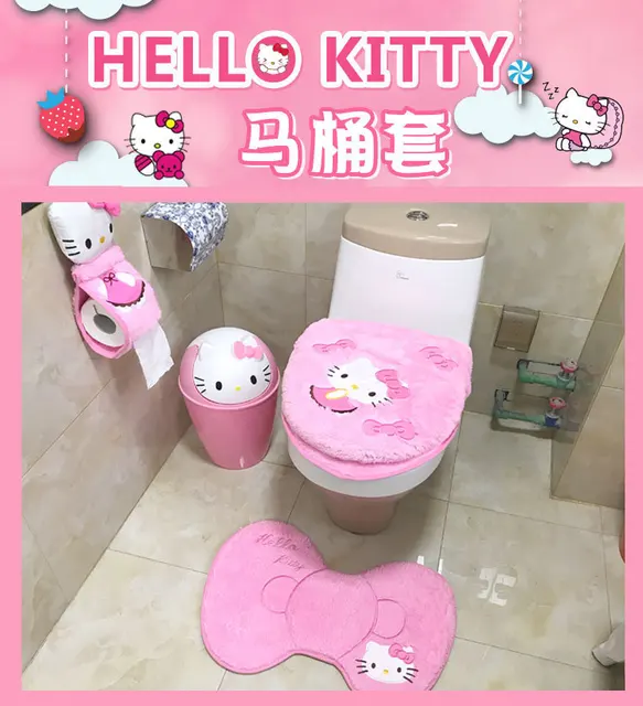 SANZH eliphs 4PCS Hello Kitty Bathroom Set Toilet Cover WC Seat Cover Bath  Mat Holder Pink/Rose Red (Pink) : : Home