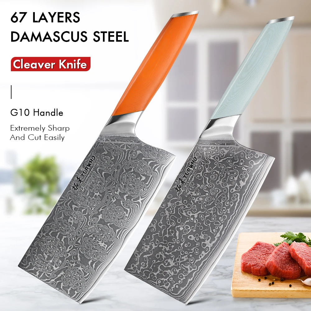

TURWHO 7" Cleaver Knife Chef's Cooking Kitchen Knife Cutter 67 layers Damascus Steel Sharp Meat Vegetable Knife G10 Handle