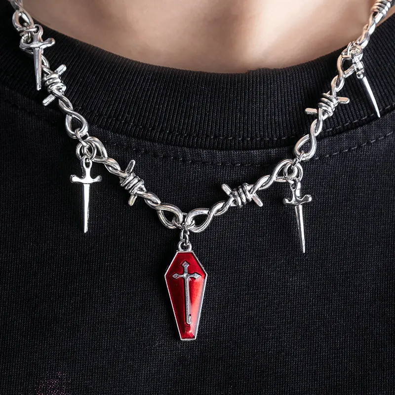 Gothic Hip Hop Y2k Jewelry Vampire Cross Red Coffin Pendant