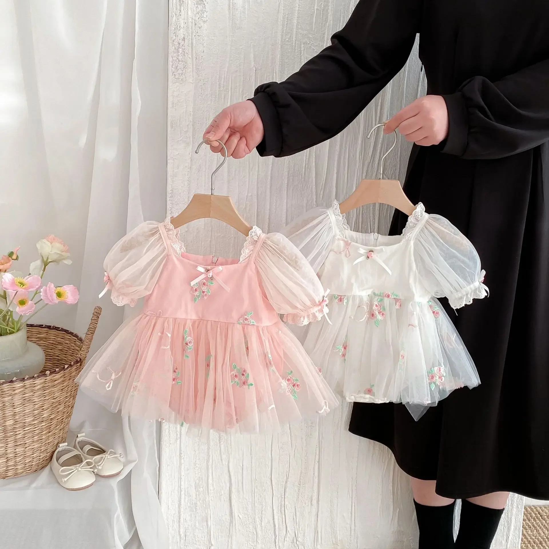 Princess Style Baby Girl Bubble Sleeve Bib Overalls Cotton Embroidered Skirt Large Bowknot Net Gown Infant Summer Clothes