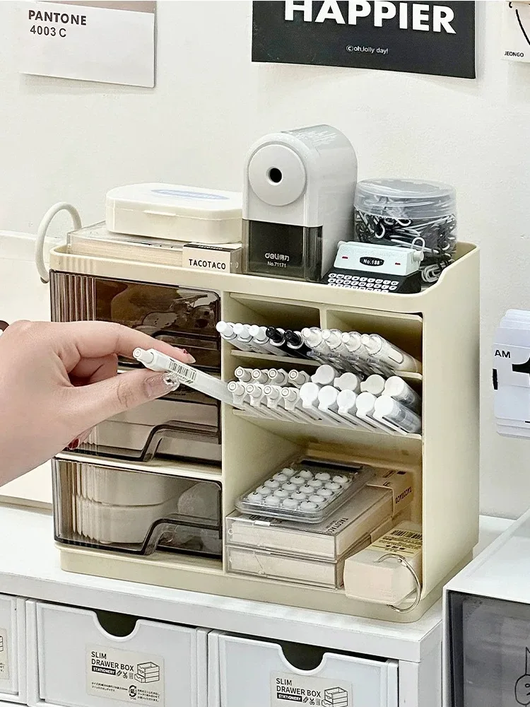 Organizer da Scrivania con Cassetto, Portapenne Inclinato, Scaffale Multifunzionale per Ufficio, Organizzatore di Cancelleria, Forniture per Studenti - immagine 3