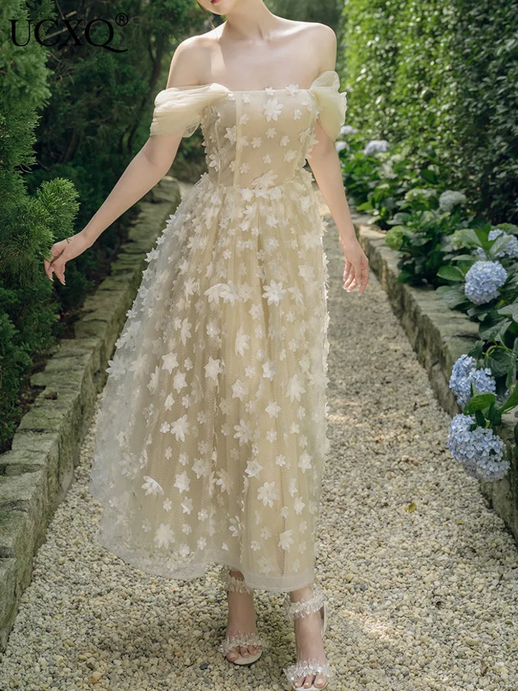 

UCXQ Elegant Long Dress Fairycore 3D Flower Waist Mesh Short Sleeve Embroidery Princess Dresses Women 2024 Spring Summer 23A8685