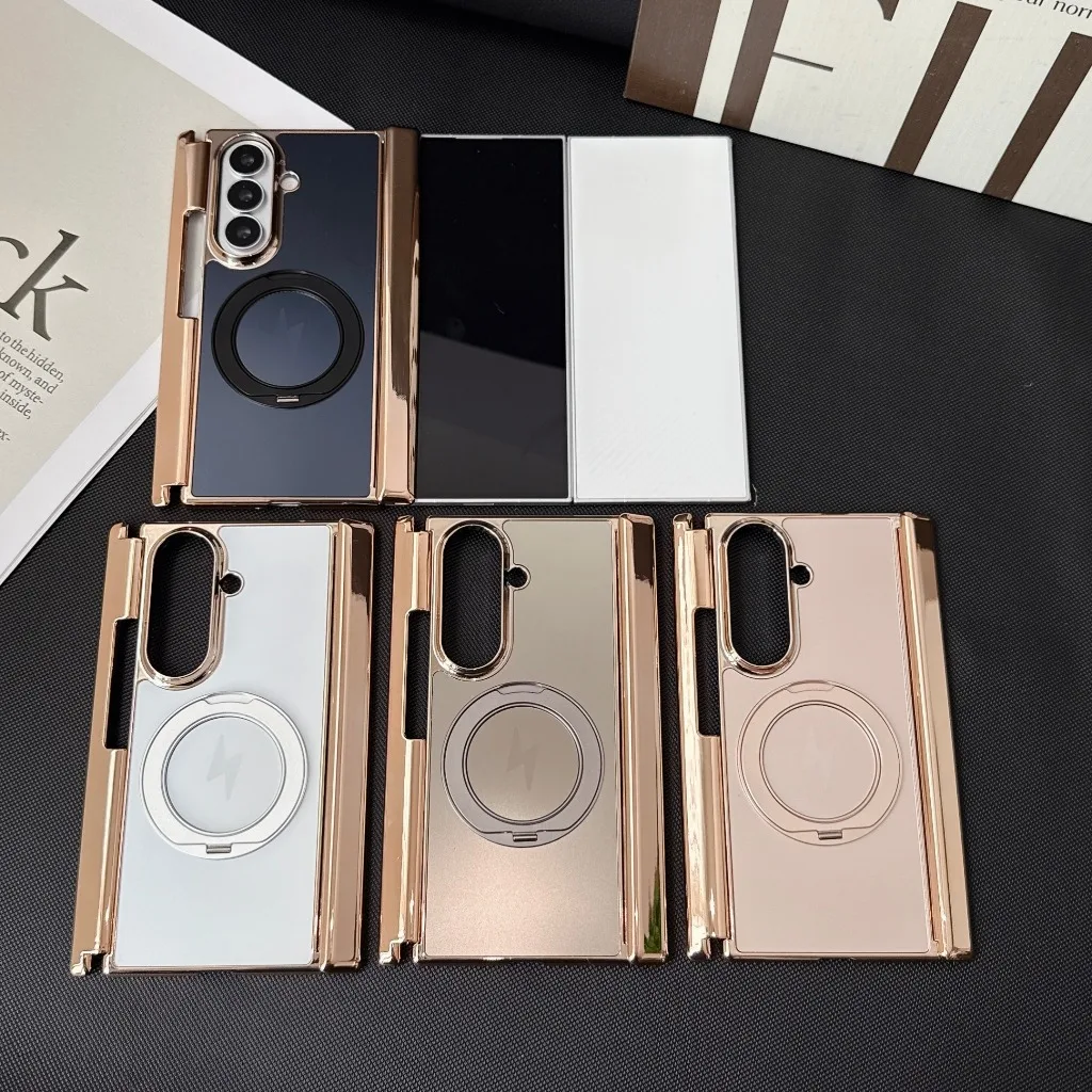 Electroplated TriFold Phone Case with 360° Ring Kickstand and Magnetic Hinge Protection
