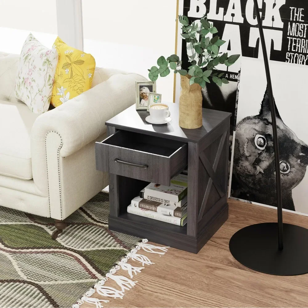 

Furniture Bedroom Bedside Table Night Stand, Black Nightstand with Drawer and Shelf Rustic Wooden Bedside Table Bedroom