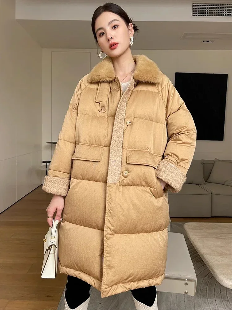 

Winter Long Down Jacket for Women 2023 New High Quality Mink Fur Collar Loose-fit Fluffy Warm 90% White Goose Down Coat