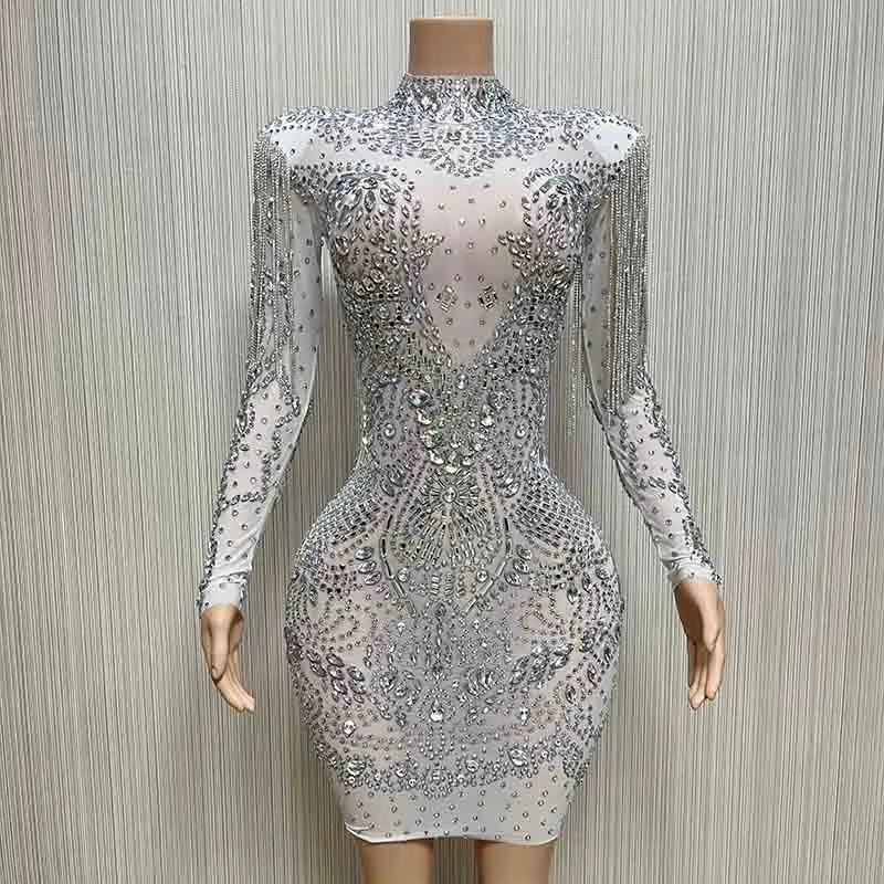 

Flashing Crystals Rhinestones Dress Women Tassels Shoulder Evening Dresses White Mesh Birthday Celebrate Costume Outfit XS5620