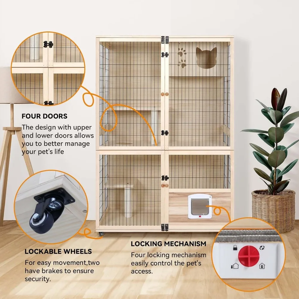 Wooden Cat House Large Space Cat Cage with Scratching Post and Lockable Wheels Double Layer House with Escape Door