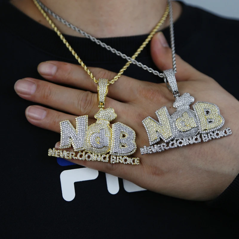 Iced Out Bling Hip Hop NDB Money Bag Pendant Necklace CZ Cubic 