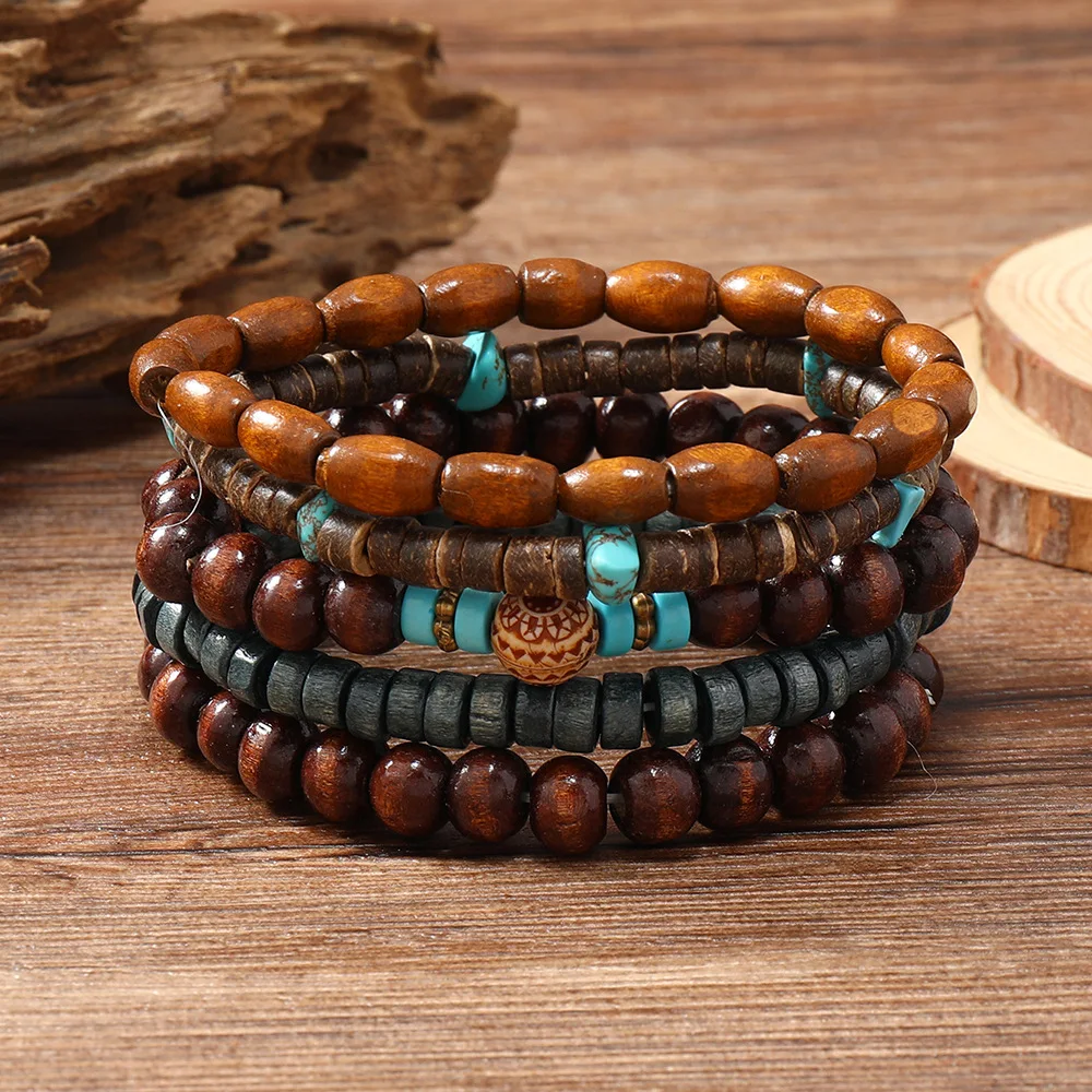 Wood Beads Beaded Bracelet Set For Men Women Vintage Wood Beads Elastic Chain Bangle Fashion Daily Party Jewelry 5Pcs beaded bracelet