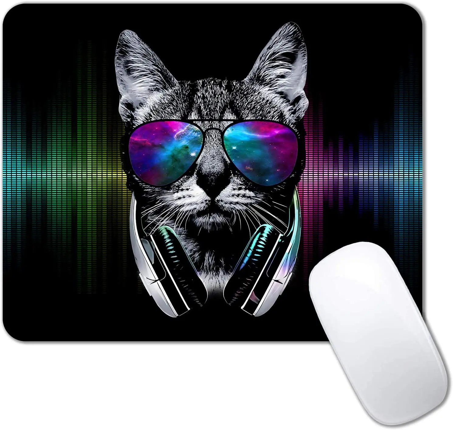 Hipster Cat Wear Color Sunglasses Mouse Pad Black Gaming Mouse Pad Custom Music Space Cat Mouse Mat for Men Women 9.5x7.9 Inch