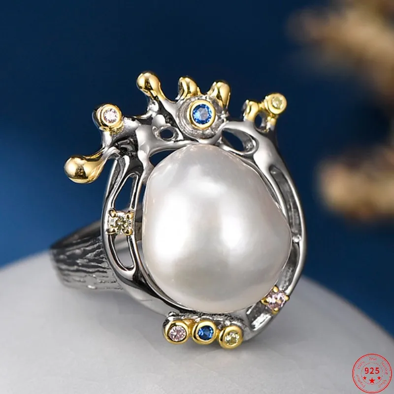 

Genuine S925 Sterling Silver Rings for Women New Fashion Baroque Freshwater Pearl Micro Inlay Zircon Hollow Peacock Jewelry